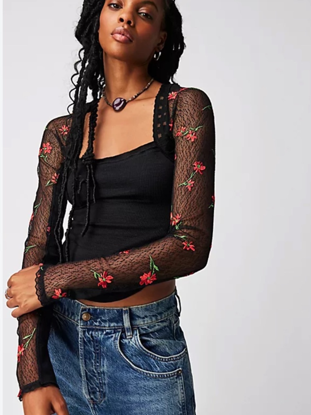 Free People Jolie laced Black Ribbed Top with Red Floral Mesh Sleeves, size XL